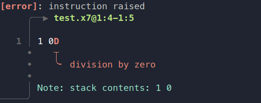 a screenshot of a terminal. a header states "error: instruction raised", and below it is the x7 code "1 0D", with the "D" highlighted in red. a message next to the code states "division by zero".